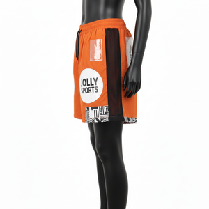 กางเกงขาสั้นวินด์เบรกเกอร์ผ้าโพลีเอสเตอร์น้ำหนักเบา 135 GSM สีส้มสดใส แต่งแถบตาข่ายด้านข้าง พร้อมโลโก้แบบซับลิเมชั่นสั่งทำพิเศษสำหรับผู้หญิง - Product Image 6