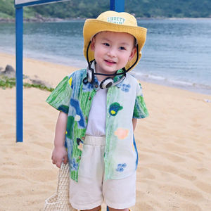 Ensemble de vêtements pour garçons en bas âge, style plage tendance, chemises à manches courtes et shorts, polyester/coton, tenues décontractées pour garçons - Product Image 1