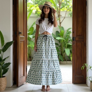 Falda gitana de diseño bohemio glamoroso para mujer, estampado de bloque blanco y azul, cintura elástica suave, cordón ajustable, longitud completa - Product Image 3