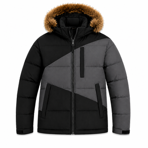 Custom Mens Winter Puffer <b>Jacket</b> Water Repellent Ripstop Shell Embroidery Patch Detachable <b>Fur</b> <b>Hood</b> Color Blocking - Product Image 1