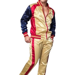 Conjunto Deportivo de Dos Piezas en Satén Brillante Rojo Dorado con Franjas Laterales para Hombre y Mujer, Ideal para Ropa Casual y a la Moda - Product Image 2