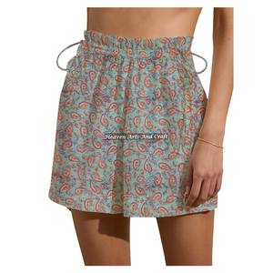 Nuevos shorts de verano con estampado de bloques y cordón para mujer, pantalones cortos de algodón con estampado de bloques y cordón para el fin de semana y la playa. - Product Image 4