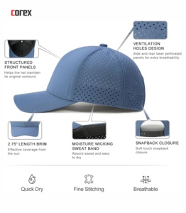 Casquette de baseball à 6 panneaux découpée au laser bleue, 100 % polyester, maille respirante, broderie 3D, ajustement par bouton, unisexe, pour l'extérieur, les voyages, le printemps - Product Image 6