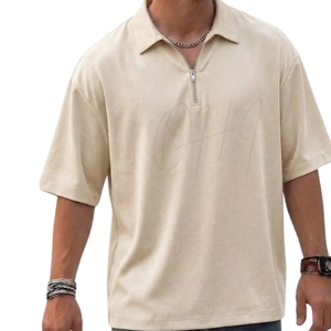 Chemise décontractée beige à manches courtes pour homme, coupe oversize, tricotée, tie-dye, avec col zippé, 100 % coton respirant en jersey - Product Image 1