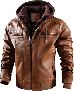 Chaqueta de cuero PU para hombre, estilo motociclista, talla grande, con capucha, transpirable, con cremallera, para otoño, en marrón y negro, venta al por mayor de fábrica. - Product Image 1