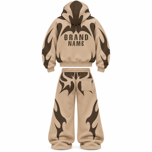 Ensemble de survêtement oversize personnalisé Y2K avec imprimé flamme, sweat à capuche zippé et pantalon de survêtement large, couleur unie, streetwear personnalisé - Product Image 2