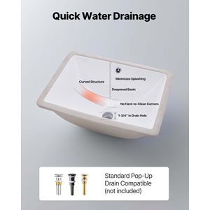 Lavabo Rettangolare Sottopiano in Ceramica Bianca 18.11 X 12.99 Pollici con Foro per Troppopieno - Product Image 5