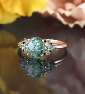 Luxury Oval Cut Moss Agate Prong Set <b>Silver</b> Engagement & Wedding <b>Ring</b> for Women/Unisex Nature Inspired Design Party Ready - Product Image 4