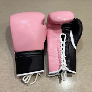 Nouvel ensemble de gants de boxe professionnels rose et noir en cuir de vachette véritable de haute qualité, à lacets, pour adultes - Product Image 2
