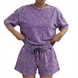 Washed 2pcs Set Women's Loose Short-Sleeve <b>Top</b> Elastic Waist Drawstring Shorts Vintage Street Style Casual Loungewear Summer - Product Image 1