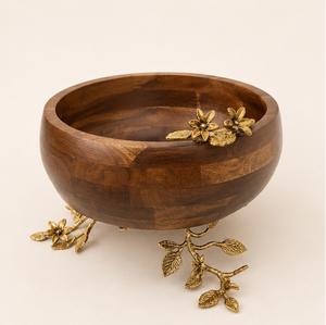 Bol à salade en bois de manguier artisanal de luxe avec accents floraux en laiton, centre de table décoratif haut de gamme, bol à fruits pour la décoration intérieure - Product Image 5