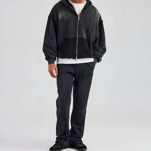 Custom Men Vintage Acid Wash Tracksuit Set Oversized <b>Zip</b> Up Hoodie Raw Hem Boxy Fit Wide Leg Sweatpants Streetwear 2 Piece Set - Product Image 1