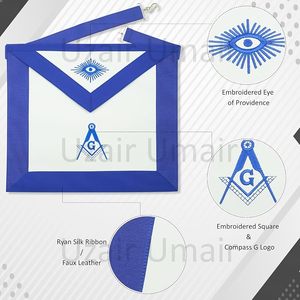 ชุดผ้ากันเปื้อนมาสเตอร์เมสัน Uzair Umair M-1 Masonic Blue Lodge พร้อมโลโก้รูปตัว G  พร้อมเข็มทิศสี่เหลี่ยม  สายคล้องคอสีเงิน  ถุงมือผ้าฝ้ายสีขาว - Product Image 5
