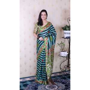 Sari indien élégant pour enfants, en soie Tussar douce bleu aqua, rayé, imprimé traditionnel, tissé Zari, de la marque Elite Weaves - Product Image 1