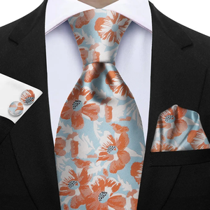 Conjunto de Corbata Floral Premium de 3 Piezas - Corbata de Poliéster Seda, Pañuelo de Bolsillo y Gemelos - Elegante para Bodas y Ocasiones Formales - Product Image 4