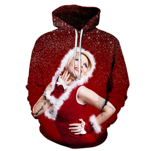 Sweat-shirt à capuche blanc pour femme, imprimé chat mignon en bonnet de Père Noël, avec poche, haut décontracté d'hiver - Product Image 3