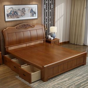 Cadre de lit de rangement en teck massif de luxe, mobilier de chambre classique moderne - Product Image 1