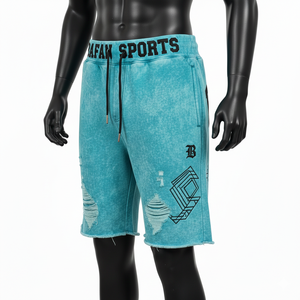 Shorts en molleton de coton premium 340 GSM, délavés à l'acide, couleur turquoise, avec empiècements brodés et logo imprimé, pour homme - Product Image 4