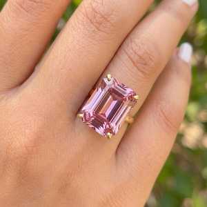 <b>Large</b> Pink Tourmaline <b>Ring</b> Emerald Cut 925 Sterling Silver 14K Gold Plated Statement October Birthstone Gift - Product Image 4