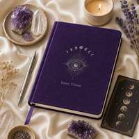 Carnet de notes spirituel LABON personnalisé à couverture rigide, avec intérieur violet, motif phases de lune et troisième œil, et détails argentés, pour la réflexion sur les rêves