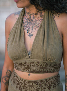 Earthy <b>Khaki</b> Green Hand Block Printed Premium Breathable Cotton Fabric Lightweight Comfortable Halter Neck Ruched Crop <b>Top</b> - Product Image 6