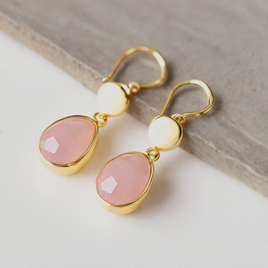 Venta caliente 925 Pendientes de gota de plata esterlina para mujer Chapado en oro de 18 quilates con Calcedonia rosa y Blanca Accesorio de moda - Product Image 2