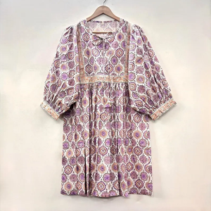 Vestido Midi Casual para Mujer, 100% Algodón Tejido, Estampado Floral Liso/Sólido, Detalles Estructurales, Cuello en V, Oversize, Manga Corta, Estilo Imperio - Product Image 5