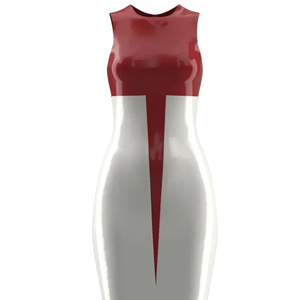 Robe moulante rouge et blanche en PU, sans bretelles, longueur genou, couleur contrastée, ajustée, pour soirée - Product Image 3