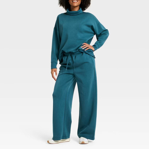Pantalon de survêtement large pour femme, couleur Teal uni, taille mi-haute, avec cordon de serrage ton sur ton, poches latérales et ourlet ouvert, style décontracté - Product Image 4