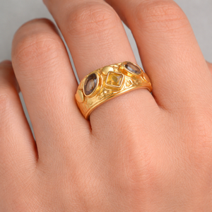 แหวนพลอยหลายเม็ดทรงสี่เหลี่ยมธรรมชาติ ทองเหลืองชุบทอง ทำมือ ดีไซน์ทันสมัย สำหรับผู้หญิง ขายส่ง - Product Image 5