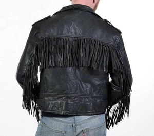 Men's Black Genuine Leather <b>Biker</b> <b>Jacket</b> With Fringe Stand Collar Zipper Closure Regular Fit Autumn Wear - Product Image 5
