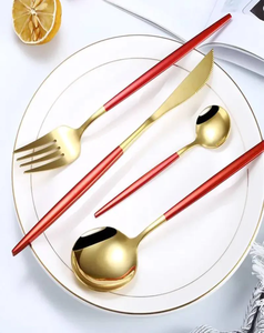 Modern Dining Cutlery Set Red Enamel Handle Metal Spoon Fork Serving Pair Sleek Food Service <b>Tools</b> for Restaurant and Home Use - Product Image 1