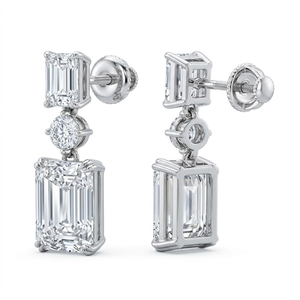 Pendientes colgantes de oro blanco de 14k con diamantes de corte esmeralda y engaste de garra para bodas y fiestas - Product Image 2