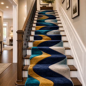 Modern Abstract Stair <b>Runner</b> Rug With Non-Slip Rubber Backing Thick Plush Wool Acrylic Material For Home Hallway Use - Product Image 1