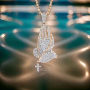 Prayer Hands On <b>Cross</b> Moissanite Round Diamond <b>Pendant</b> 925 Sterling <b>Silver</b> Teardrop Gold Plated Fine Jewelry <b>Pendants</b> & Charms - Product Image 1