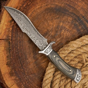 Couteau de camping d'extérieur, lame en acier Damas, manche en bois, étui en cuir, couteau personnalisé OEM - Product Image 5