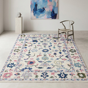 Elegante Alfombra de Lana con Diseño Floral, Hecha a Mano, con Motivos Botánicos en Rosa y Azul, Decorativa para Sala de Estar o Dormitorio - Product Image 5