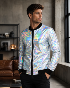 Wholesale Custom <b>Mens</b> Bomber <b>Jacket</b> Shiny Rainbow Front Glitter Print Zip Front Stand Collar Autumn <b>Jacket</b> Windproof <b>Canvas</b> OEM - Product Image 2
