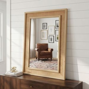 Specchio Decorativo Rettangolare 20"x30" con Cornice in Legno Massello e Rattan, Colore Legno Naturale, per Bagno, Casa, Ingresso, Stile Rustico - Product Image 4