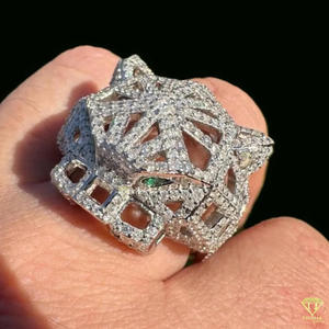Moissanite Diamond Panther Head Statement <b>Ring</b> with Green Eyes White <b>Gold</b> Luxury Hip Hop Animal Designer <b>Cocktail</b> <b>Ring</b> for Men - Product Image 3