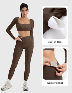 Ensemble de yoga sans couture pour femmes, leggings taille haute avec soutien-gorge intégré et poche à la taille, couleur unie, tenue de sport deux pièces - Product Image 1