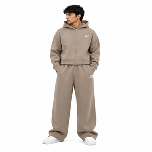 Ensemble de survêtement polaire 2 pièces pour homme, sweat à capuche zippé et pantalon large, couleur unie, 100 % coton, streetwear d'hiver, OEM ODM, vente en gros - Product Image 1