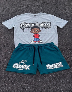 Conjunto de 2 piezas de camiseta y pantalones cortos para hombre Clovix Sports, estilo urbano, estampado personalizado, ropa informal de verano, cuello redondo, algodón, OEM - Product Image 2