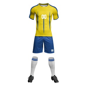 Ensemble de maillots de football unisexes personnalisés bleu or à manches courtes, col rond, séchage rapide, respirant, antibactérien, coupe athlétique, toutes saisons - Product Image 3