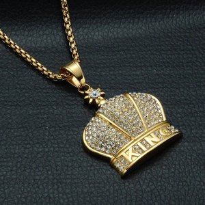 Gold Color Crown Pendant Necklace Rhinestone <b>King</b> Chain Necklace Hip Hop Statement Jewelry for Men - Product Image 1