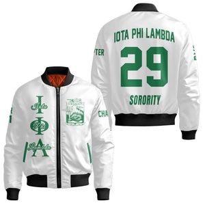 Chaqueta Universitaria Personalizada para Mujer Iota Phi Lambda, Blanca, con Escudo Griego en la Parte Delantera y Trasera, Número del Año, Cierre de Cremallera, Estilo Bomber - Product Image 3