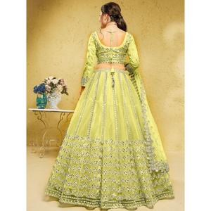 Awesome Lime <b>Green</b> Foil Work <b>Net</b> Mehendi Wear Lehenga Choli - Product Image 3