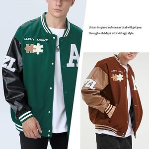 Chaqueta Varsity Verde para Hombre Lucky Arranc con Mangas de PU y Diseño de Parche con la Letra A, Ropa Casual de Otoño - Product Image 6