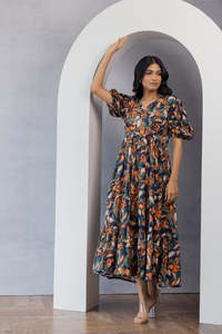 Vestido Midi de Gasa con Estampado Floral, Cuello en V, Manga con Volantes, Corte en A, Holgado, Estilo Boho, Vestido Casual de Verano para Mujer, Hermoso Vestido para Mujer - Product Image 2