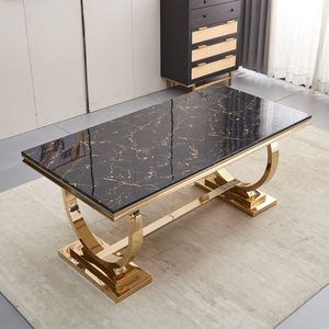 LIVE EDGE STUDIO Model 095 European Style Luxury Rectangle Marble <b>Dining</b> <b>Table</b> Gold Trim Handmade Modern Design 6 Home Furniture - Product Image 4